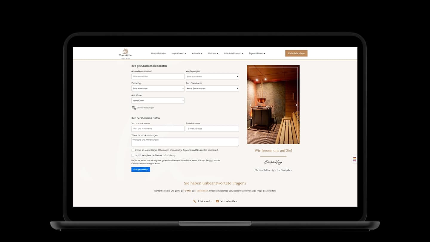 Zimmer-Buchung auf der Neumühle Website